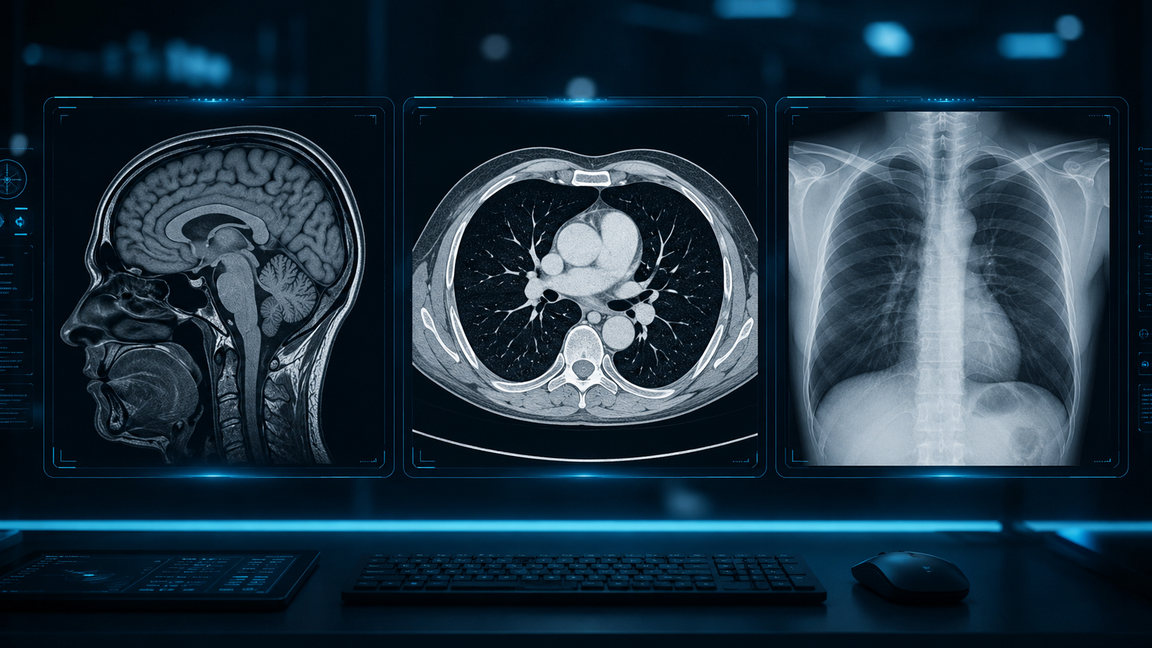 Modern radiology workstation with MRI, CT and X-ray images